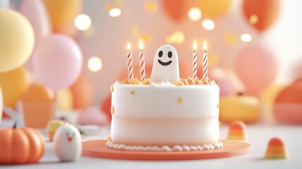 A birthday cake with a ghost topper and candles, surrounded by Halloween treats and a cheerful crowd