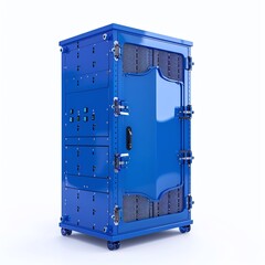 Poster - Blue industrial server rack isolated on white background. Modern data storage equipment for IT infrastructure and network solutions.