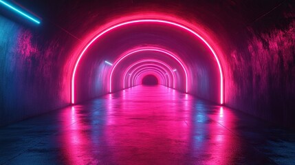 Wall Mural - abstract panoramic backgroun of loope dynamic neon lines glowing in the dark room with floor reflection virtual fluorescent ribbon loop fantastic minimalist wallpaper