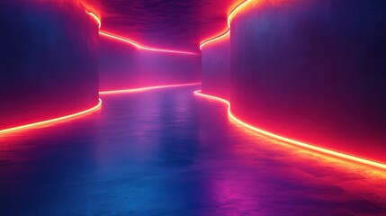 Poster - abstract panoramic backgroun of twiste dynamic neon lines glowing in the dark room with floor reflection virtual fluorescent ribbon loop fantastic minimalist wallpaper