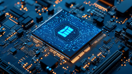 Poster - A computer chip with built-in artificial intelligence.  The AI is directly on the chip, connected to the motherboard. This shows how AI is becoming part of the hardware itself.