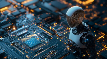 Poster - A computer chip with built-in artificial intelligence.  The AI is directly on the chip, connected to the motherboard. This shows how AI is becoming part of the hardware itself.
