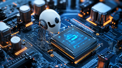 Poster - A computer processor with built-in artificial intelligence.  The AI is directly on the chip, connected to the motherboard. This shows how AI technology is being integrated into electronic hardware.