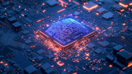 Poster - A computer processor with built-in artificial intelligence.  The AI is directly on the chip, connected to the motherboard. This shows how AI technology is being integrated into electronic hardware.