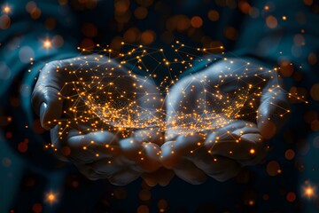 Poster - Hands holding a glowing network of connected dots, symbolizing data, technology, or digital connections. Ideal for themes of innovation, AI, communication, and futuristic concepts.