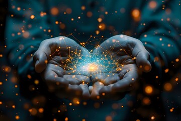 Poster - Hands holding a glowing network of connected dots, symbolizing data, technology, or digital connections. Ideal for themes of innovation, AI, communication, and futuristic concepts.