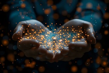Poster - Hands holding a glowing network of connected dots, symbolizing data, technology, or digital connections. Ideal for themes of innovation, AI, communication, and futuristic concepts.