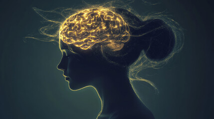 Poster - A woman's head with a glowing brain represents artificial intelligence (AI). This image symbolizes the future of technology, where AI is becoming increasingly intelligent and powerful.