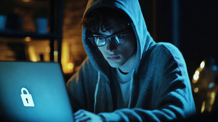 Wall Mural - A young hacker, wearing a hoodie and glasses, sits in a dark room with a laptop. The screen shows a lock icon, symbolizing a virtual lock. They're trying to break into a bank account and steal money.