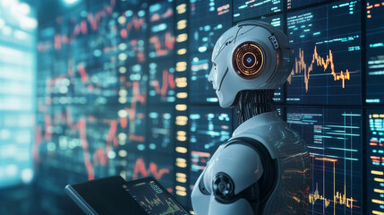 Poster - AI analyzes data from the stock market. Imagine an AI program working in data centers, studying stock market trends. This AI can be used as a trading assistant, helping people make investment.