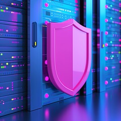 Poster - Colorful data server room with a pink shield symbolizing cybersecurity and data protection in a modern tech environment.