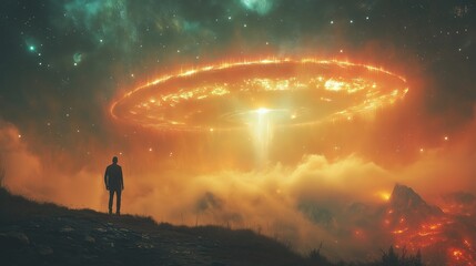 Wall Mural - a lone figure gazes at a fiery celestial phenomenon over a mountain landscape at twilight, showcasin
