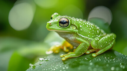 Wall Mural - Stunning Close-Up of a Green Frog with Dew Drops in its Natural Habitat