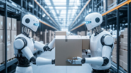 Poster - AI is changing how factories and warehouses operate. Robots controlled by AI are used to move boxes and build products. This is part of Industry 4.0, where AI is transforming manufacturing.
