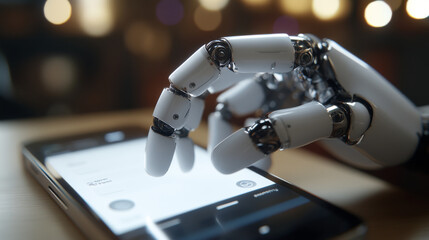Poster - An AI chatbot appears on a phone screen, looking like a robotic hand tapping on it. This AI chatbot can talk to users through messaging apps.  It's like a robot arm that uses AI to chat on your phone.
