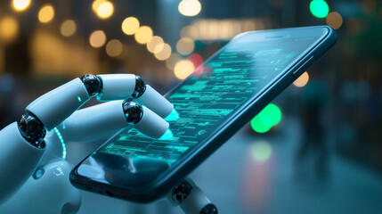 Poster - An AI chatbot appears on a phone screen, looking like a robotic hand tapping on it. This AI chatbot can talk to users through messaging apps.  It's like a robot arm that uses AI to chat on your phone.