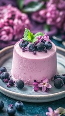 A pink dessert with blueberries and mint on top on a blue plate with lilac flowers in the background.