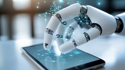 Poster - An AI chatbot appears on a phone screen, looking like a robotic hand tapping on it. This AI chatbot can talk to users through messaging apps.  It's like a robot arm that uses AI to chat on your phone.