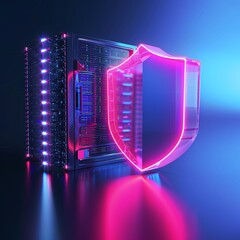 Cybersecurity concept with a server and neon shield, representing data protection and digital security in a futuristic environment.