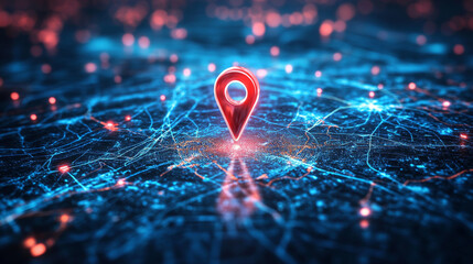 Poster - A digital image showing a pin on a map. It represents delivery, location, and transportation logistics. The image uses lines and points to create a modern, abstract design.