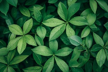 Wall Mural - Cluster of green leaves with raindrops, showcasing nature's freshness and the calming effect of water in the ecosystem.