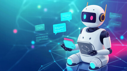 Poster - An AI chatbot, like a robot or cyborg, can talk to you online through messages. It's like a helpful friend who can answer questions, give support, or help you find information on the internet.
