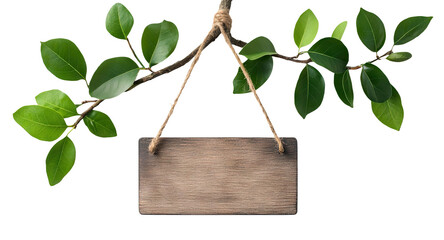 Wall Mural - Wooden signboard hanging on branch with green leaves, cut out