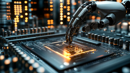Poster - An AI chip is embedded in a computer's motherboard. It represents the integration of artificial intelligence technology into electronics.