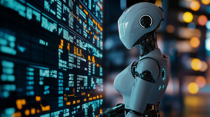 Poster - An AI robot analyzes stock market charts to trade. A woman-like robot helps with forex trading.  AI software automates trading. A trading bot creates strategies for the stock market.