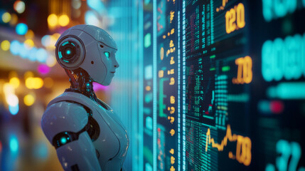 Poster - An AI robot analyzes stock market charts to trade. A woman-like robot helps with forex trading.  AI software automates trading. A trading bot creates strategies for the stock market.