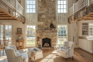 Tall stone fireplace in large New England farmhouse living room, with two white armchairs, natural light, and soft shadows, architectural digest photography.