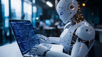 Poster - An AI robot is working on a laptop. It's a software developer, writing code to create programs. This robot is using artificial intelligence to help develop software.