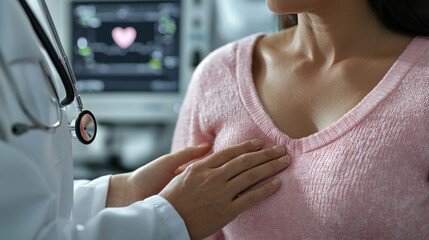 A close-up of a patient's chest as a doctor performs a thorough breast exam the room filled with the sound of a heartbeat monitor emphasizing the importance of regular checkups