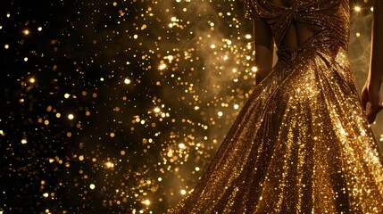 Elegant woman in a sparkling gold dress with shimmering particles in the background, perfect for festive and glamorous occasions.