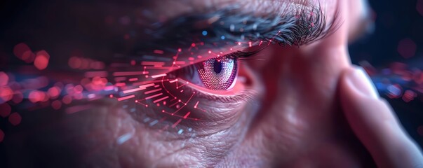 Close-up of a human eye with futuristic digital elements and red lighting, representing technology and cyber concepts.