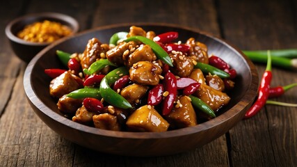 Wall Mural - chinese sichuan cuisine dish kung pao chicken isolated on an aesthetic plating, concept for advertisement background