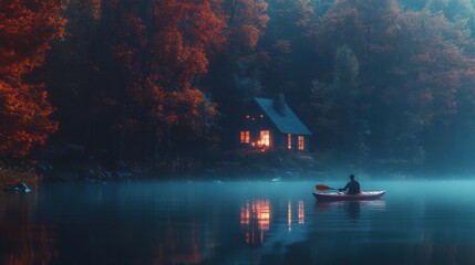 A person kayaking in water with colorful Autumn foliage woods and lake house