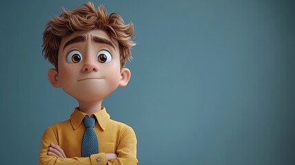 cartoon character cute young man isolate on blue backgroun serious guy thinking pose caucasian male wears yellow shirt an blue tie problem an doubt concept