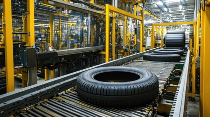 Wall Mural - Conveyor Belt Transporting Tires in a Factory