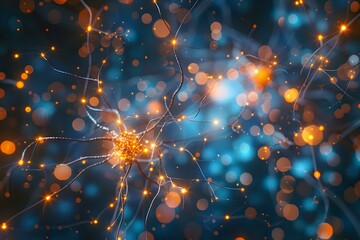 Poster - A glowing neural network with orange and yellow light connections, resembling brain synapses. Perfect for concepts related to AI, neuroscience, technology, and data visualization.