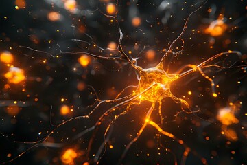 Poster - A glowing neural network with orange and yellow light connections, resembling brain synapses. Perfect for concepts related to AI, neuroscience, technology, and data visualization.