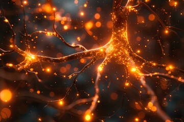 Wall Mural - A glowing neural network with orange and yellow light connections, resembling brain synapses. Perfect for concepts related to AI, neuroscience, technology, and data visualization.