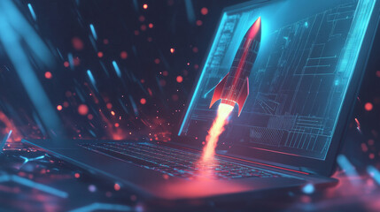 Poster - A futuristic-looking rocket blasts off from a laptop screen, made of simple geometric shapes. This design represents a business launching and growing to success.