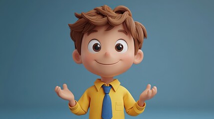 cartoon character young man isolate on blue backgroun sales manager wears yellow shirt blue tie offer gesture presentation concept successful businessman