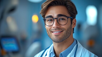 Canvas Print - caucasian male doctor wears glasses an holds blue clipboar medical clip art isolate on blue backgroun health insurance concept professional therapist hospital assistant