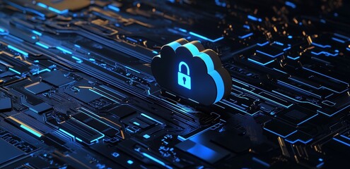 Poster - With a blue hud circle transparent background, futuristic cloud with lock for security