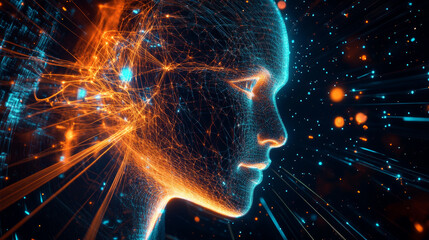 Poster - A glowing face appears in a digital world. This futuristic artwork shows the connection between humans and technology, using lines and colors to represent the power of artificial intelligence.