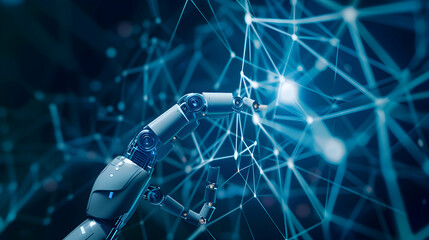 Poster - robot hand pressing on virtual digital screen big data connection technology AI machine learning idea concept