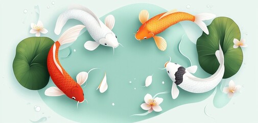 2D artwork, colorful fish swimming in a pond, flat design illustration