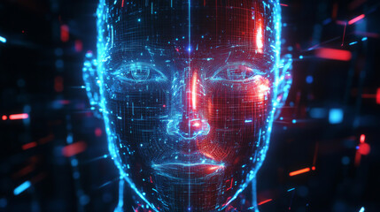 Wall Mural - A glowing face appears in a digital world. This futuristic artwork shows the connection between humans and technology, using lines and colors to represent the power of artificial intelligence.